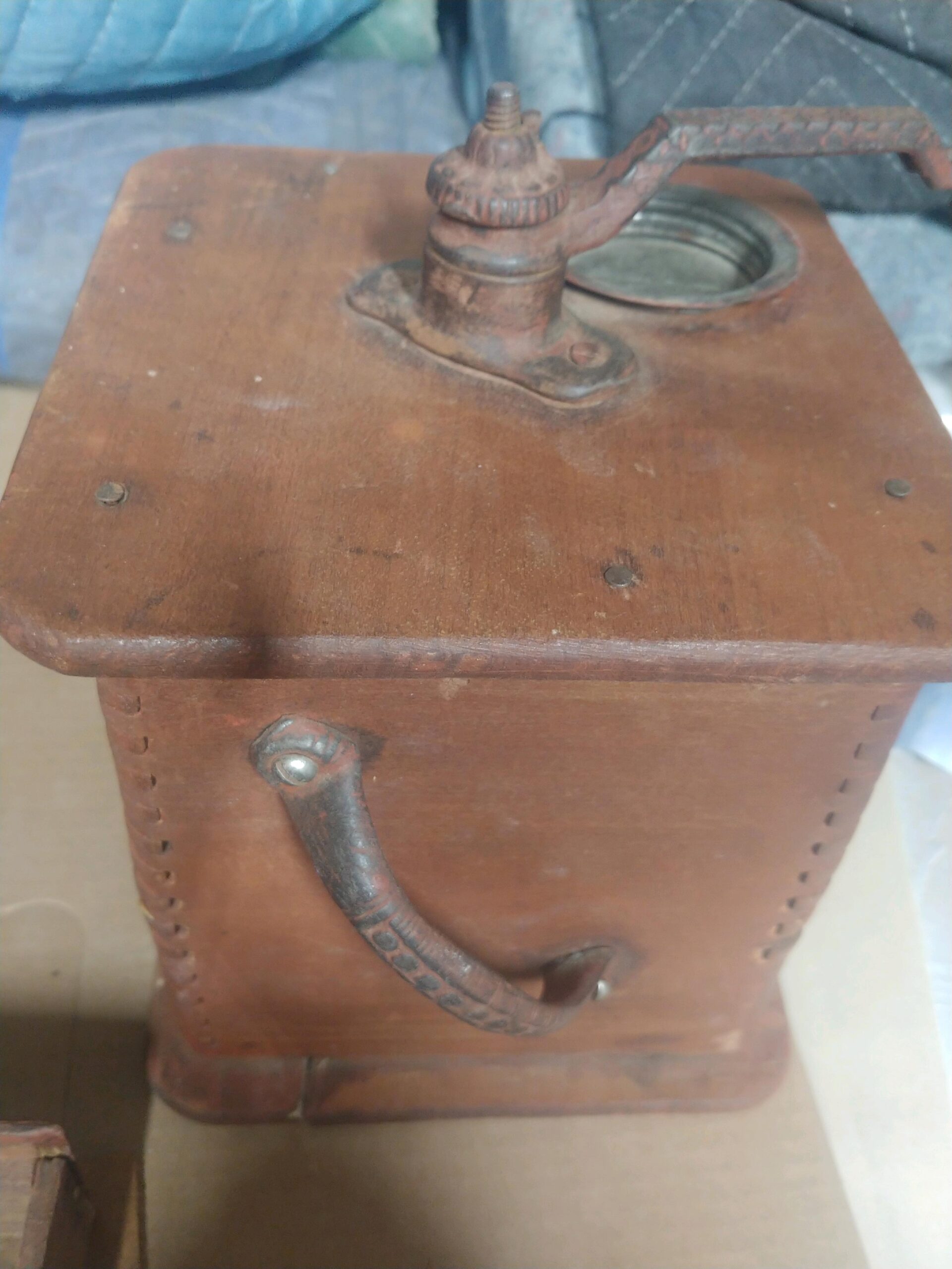 Antique coffee grinder box before restoration