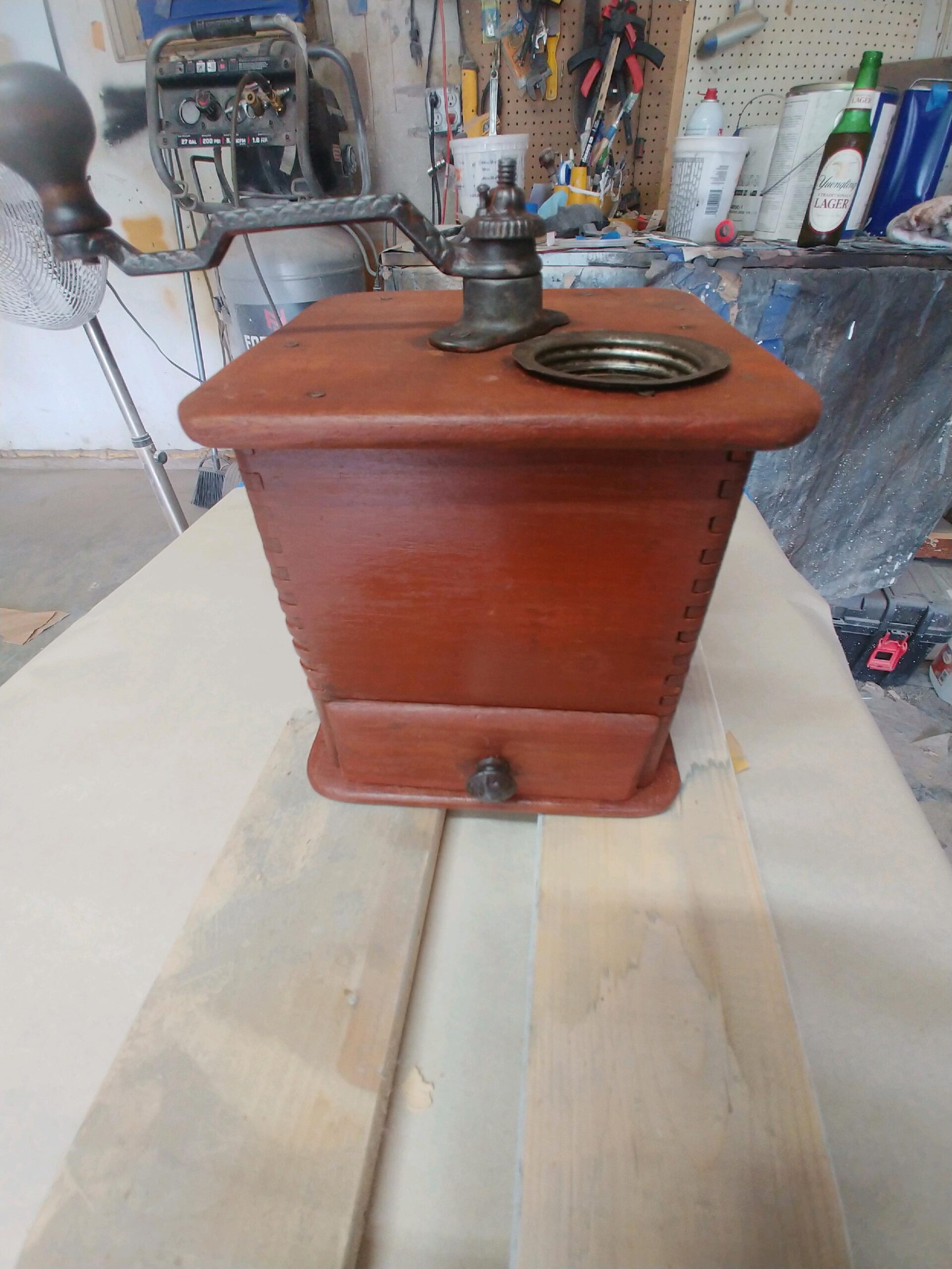 Antique coffee grinder box after refinishing