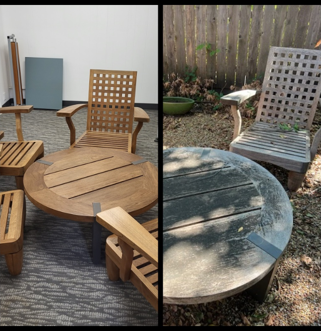 Before and after of an outdoor teak patio chair and table, refinished from weathered gray back to natural golden-brown teak