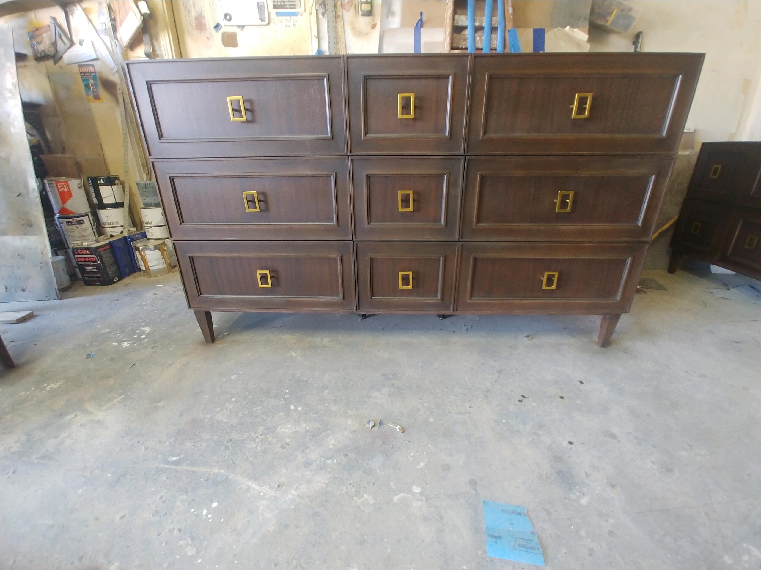 Walnut dresser with brass pulls, finished