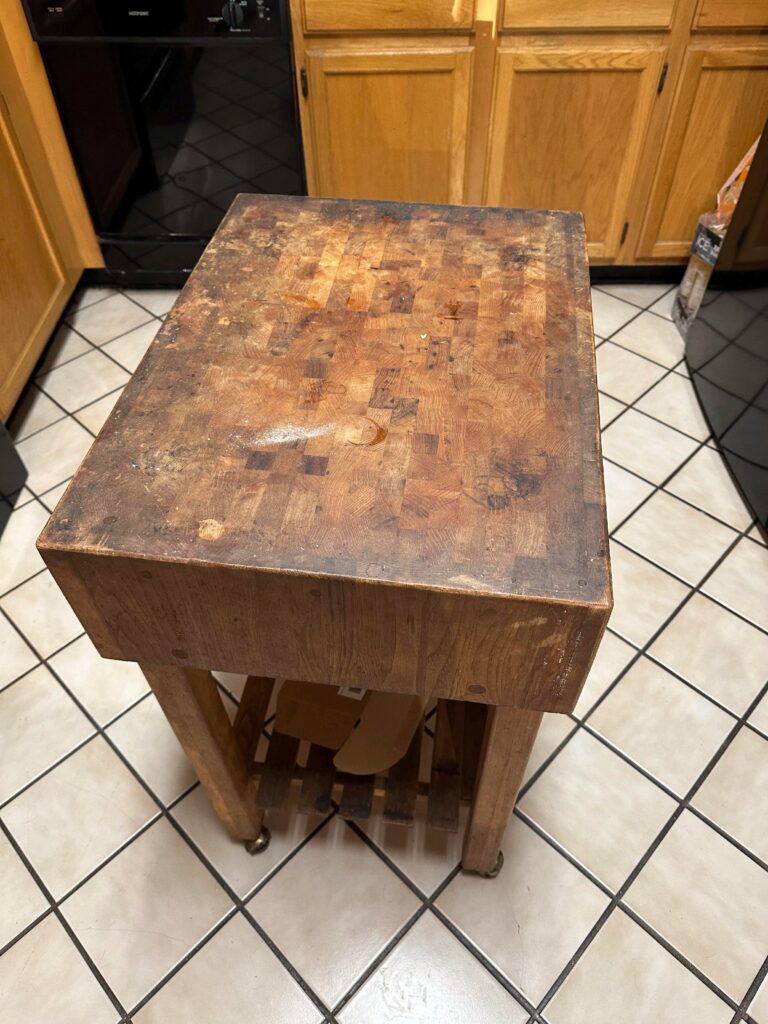 Butcher block countertop before refinishing