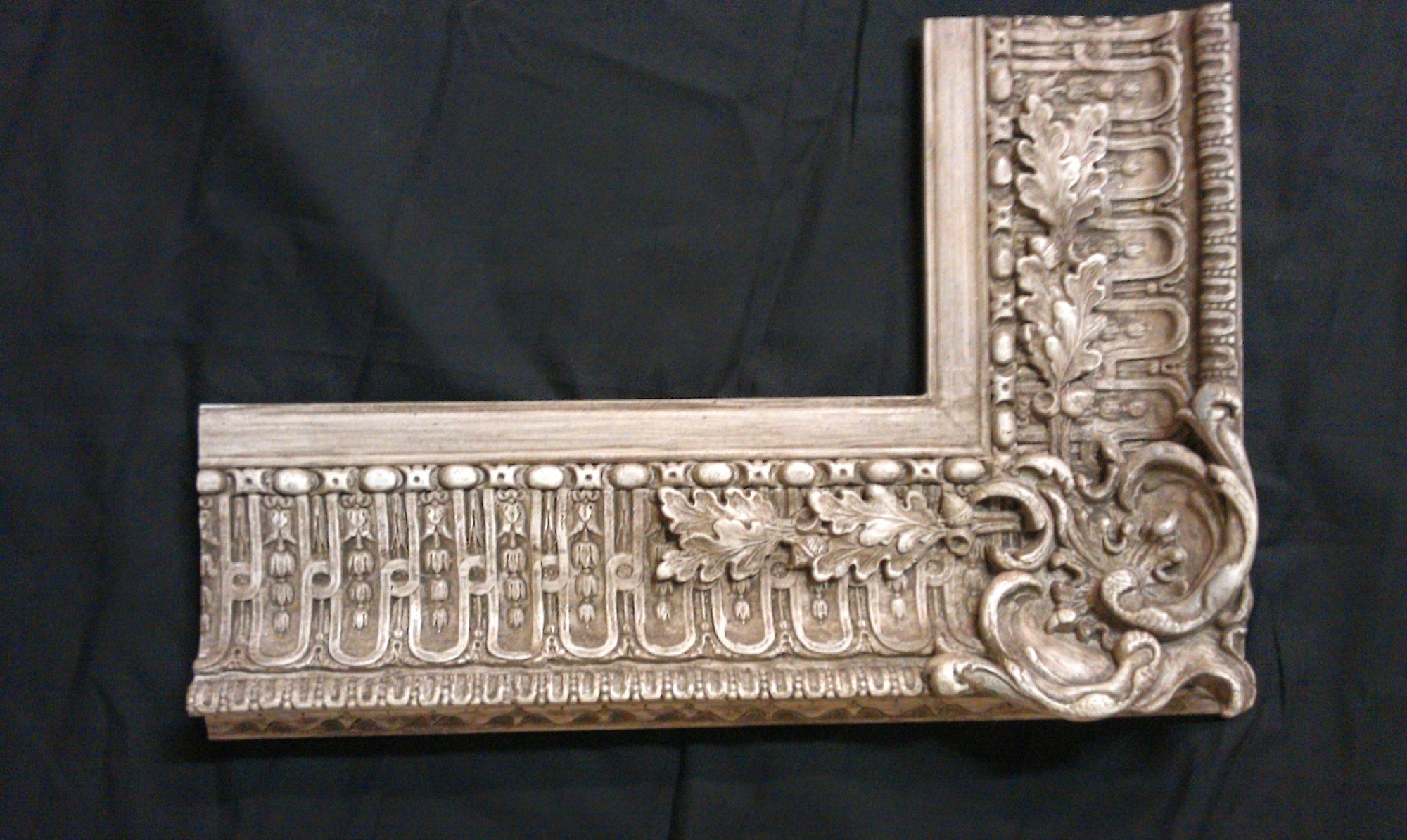 Fluted frame corner sample in silver leaf over aged gesso, toned to an antique finish