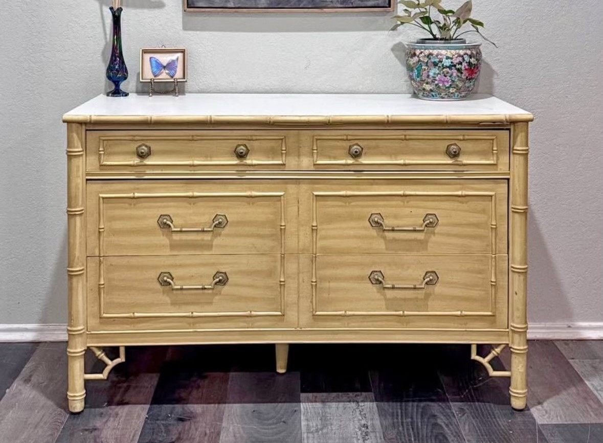 Faux-bamboo dresser before refinishing, natural finish with original hardware