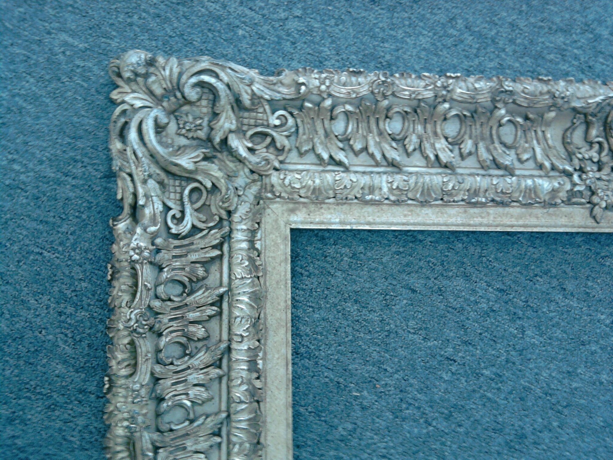 Ornate Chippendale-style frame corner sample finished in antique silver leaf, aged and antiqued, by The English Refinisher in Dallas
