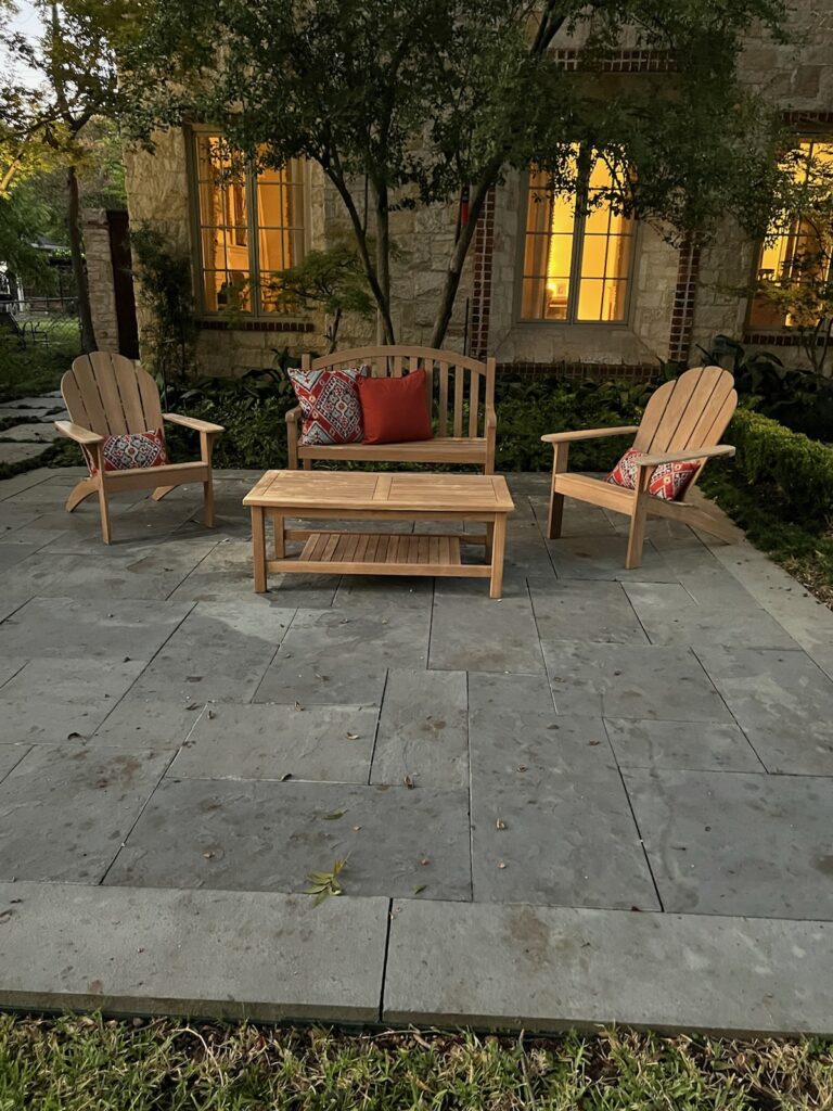 Restored teak patio set with fresh honey-toned finish, Dallas TX