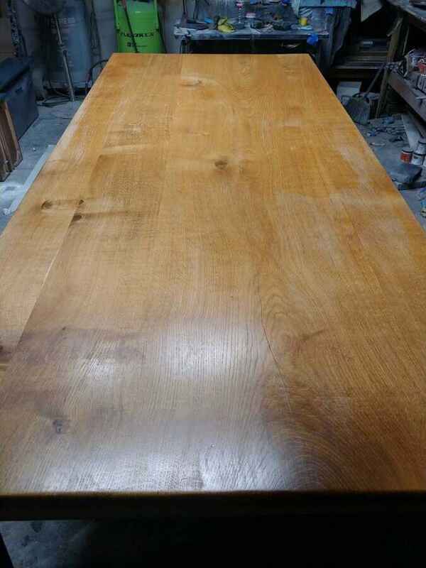 German oak dining table before restoration, with its original worn finish