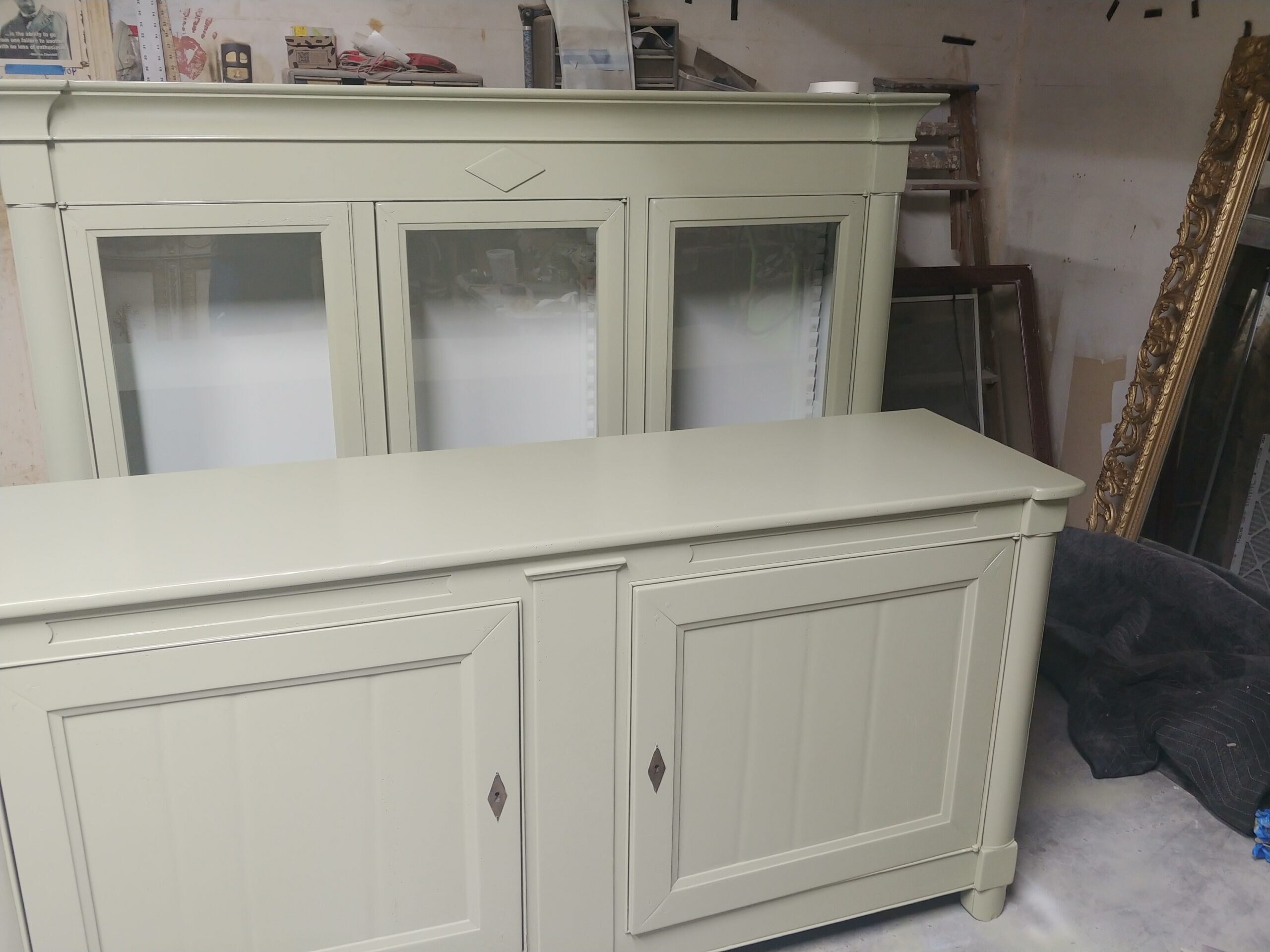 French buffet and hutch after refinishing in Rosemary Sprig satin lacquer, original diamond keyholes kept