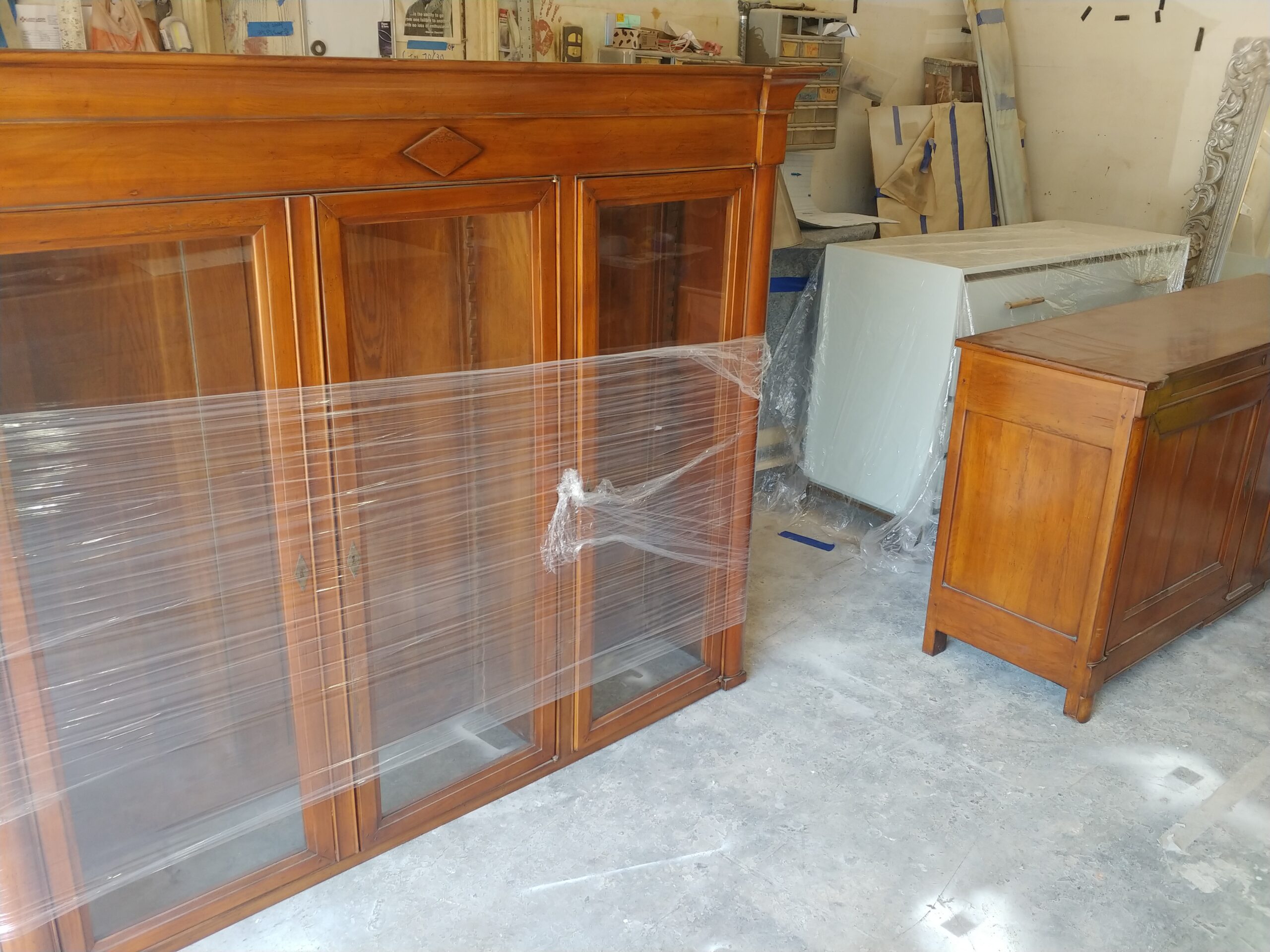 French buffet and hutch before lacquer refinishing, in the original warm wood finish